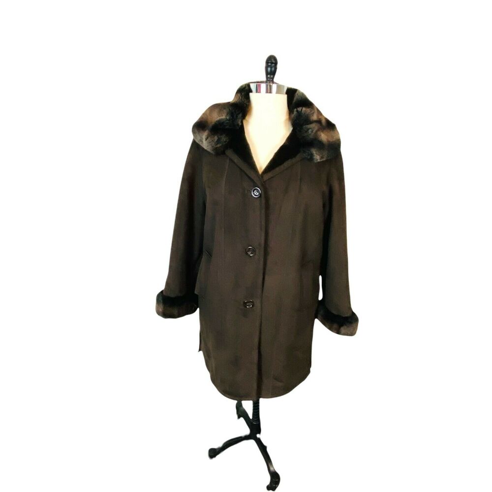 Car Coat Vintage Gallery Oversized Brown Faux Suede Faux Fur Long Sleeve Size XL